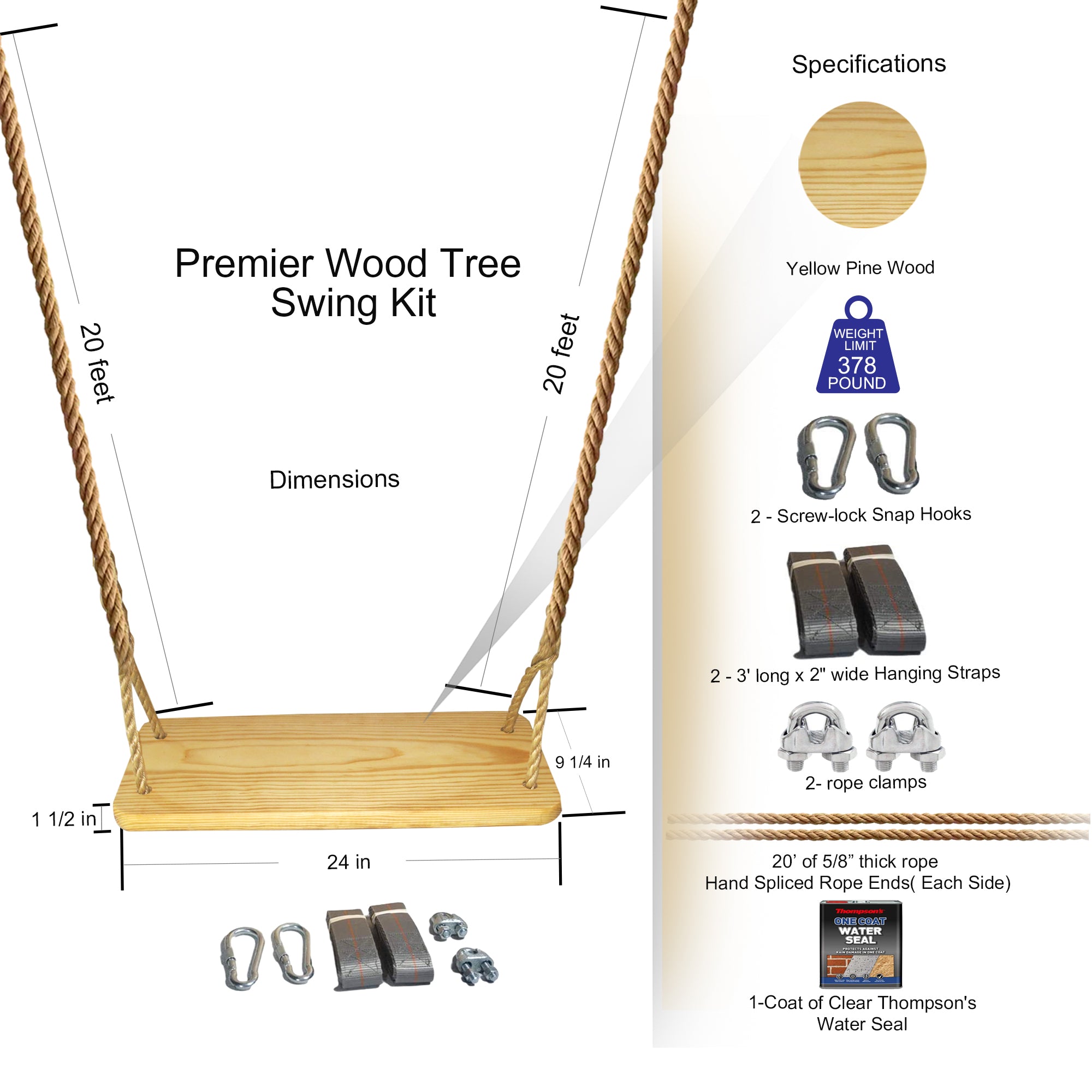 Premier Wood Tree Swing Kit for Adults or Children Easy to Hang
